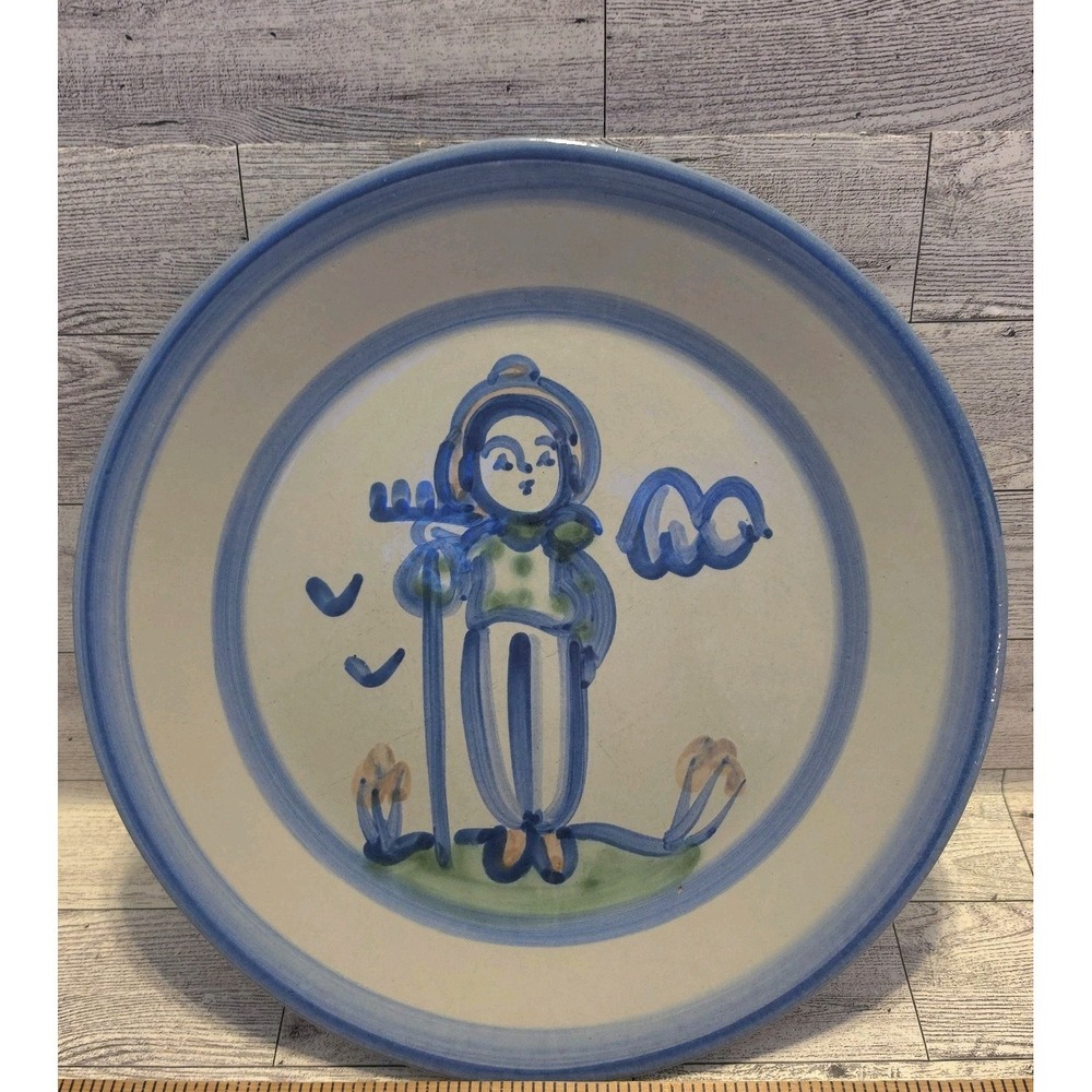 M.A. Hadley Signed Art Pottery Country Scene Blue Farmer 11" Dinner Plate #2